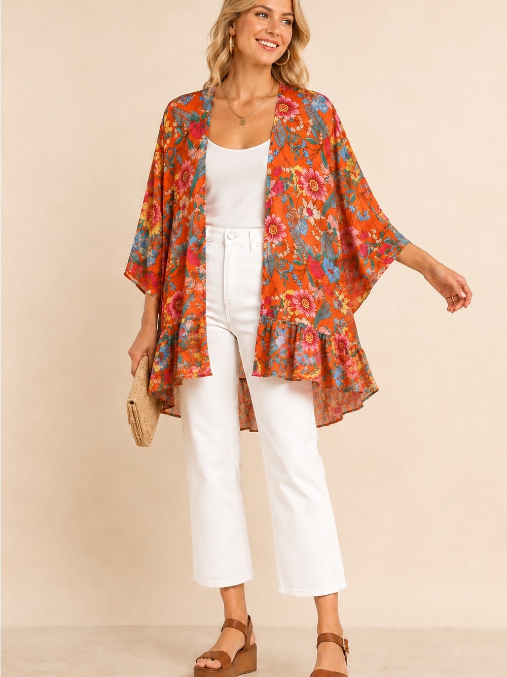 Umgee Orange Floral Ruffle Hem Kimono Boho Cover Up M/L